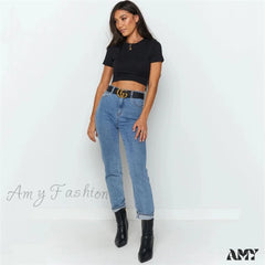 Amy Fashion - Sexy Streetwear Ribber Black Short Sleeve Tops