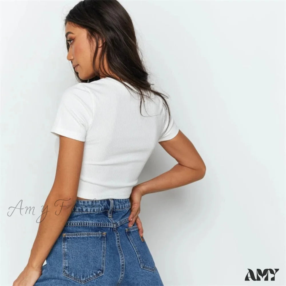 Amy Fashion - Sexy Streetwear Ribber Black Short Sleeve Tops