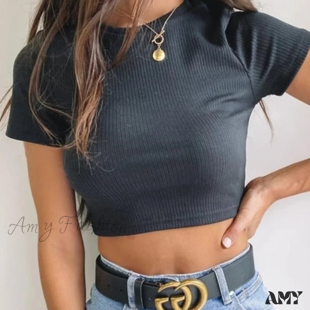 Amy Fashion - Sexy Streetwear Ribber Black Short Sleeve Tops
