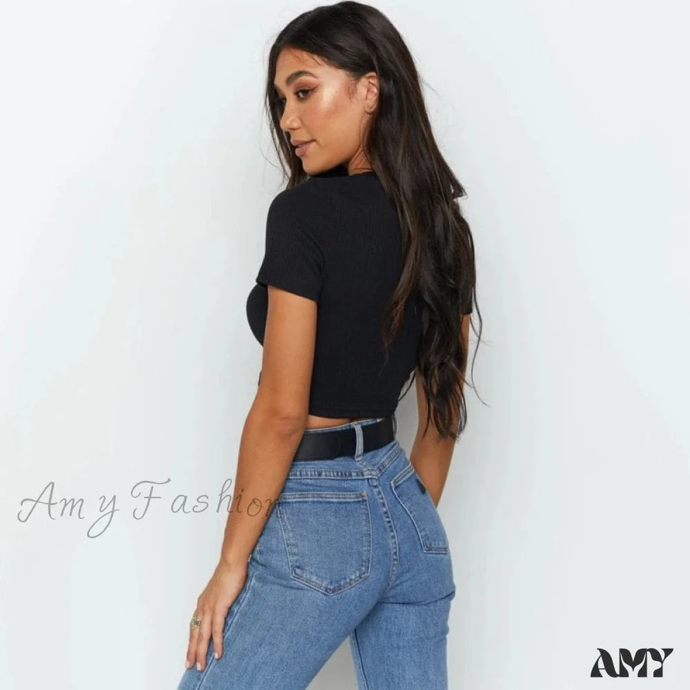 Amy Fashion - Sexy Streetwear Ribber Black Short Sleeve Tops