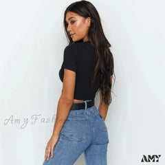 Amy Fashion - Sexy Streetwear Ribber Black Short Sleeve Tops