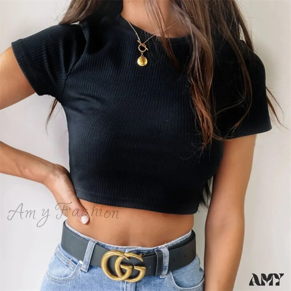 Amy Fashion - Sexy Streetwear Ribber Black Short Sleeve Tops / S
