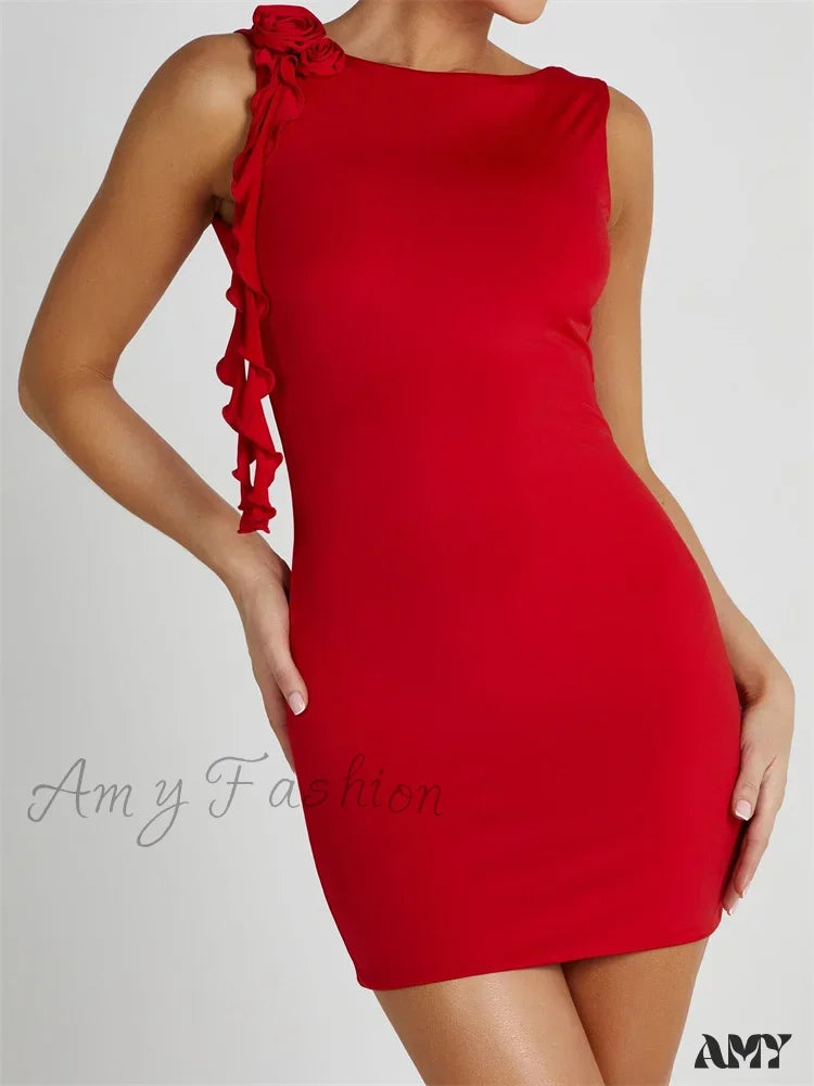 Amy Fashion - Sexy Summer Backless Flower Patchwork Tassels Sleeveless Party Mini Dress Red / S