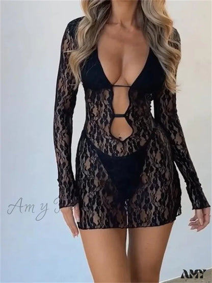 Amy Fashion - Sexy Summer Party Long Sleeve V Neck Mini Dress A / S