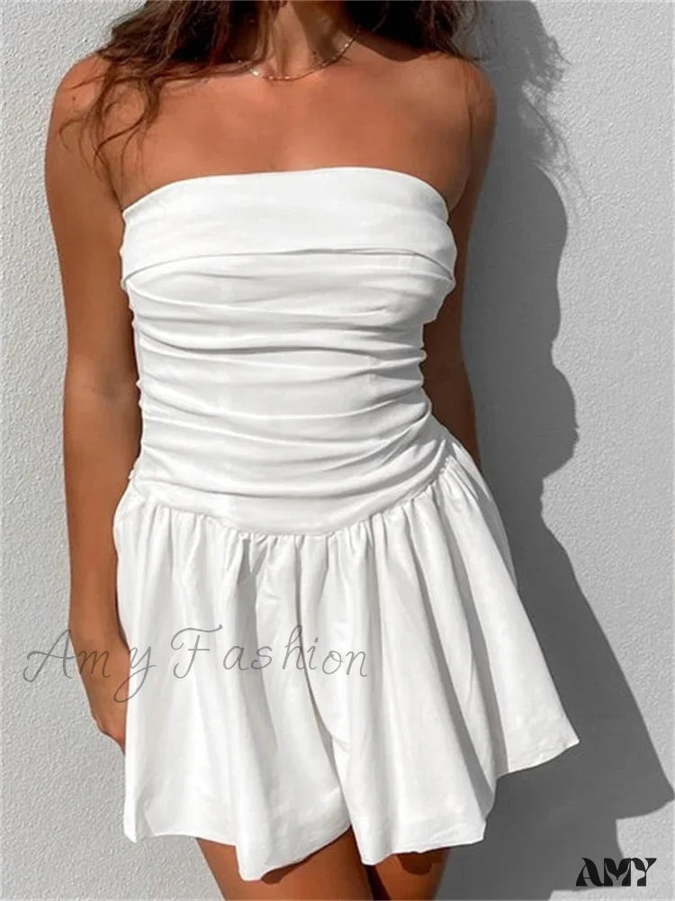 Amy Fashion - Sexy Summer Tube Strapless Off Shoulder Solid Ruched Mini Dress