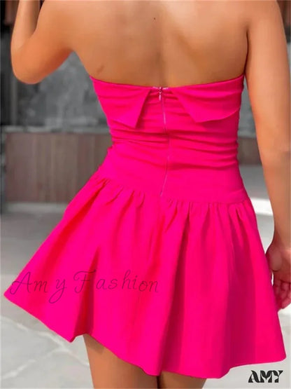 Amy Fashion - Sexy Summer Tube Strapless Off Shoulder Solid Ruched Mini Dress