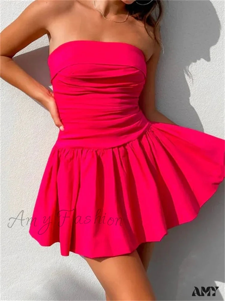 Amy Fashion - Sexy Summer Tube Strapless Off Shoulder Solid Ruched Mini Dress