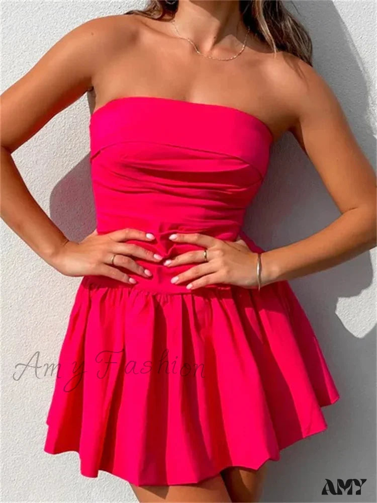 Amy Fashion - Sexy Summer Tube Strapless Off Shoulder Solid Ruched Mini Dress