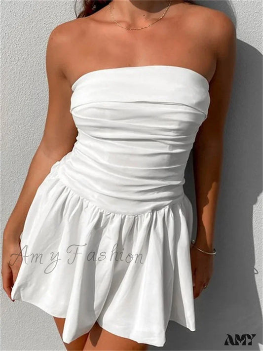 Amy Fashion - Sexy Summer Tube Strapless Off Shoulder Solid Ruched Mini Dress