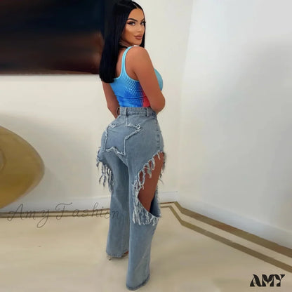 Amy Fashion - Sexy Tassels Ripped Baggy Summer 2024 Female Bottoms Streetwear High Waist Denim Jean