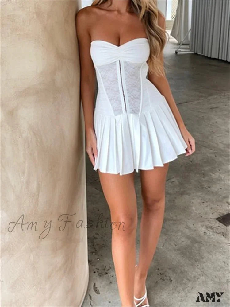 Amy Fashion - Sexy Tube Sleeveless Off Shoulder Front Ruched Lace Mini Dress White / S