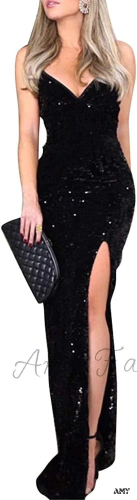 Amy Fashion - Sexy V Neck Bodycon Sequin Gown Christmas Evening Dress A-Black / 14