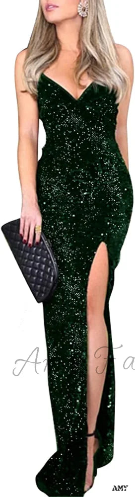 Amy Fashion - Sexy V Neck Bodycon Sequin Gown Christmas Evening Dress A-Green / 2