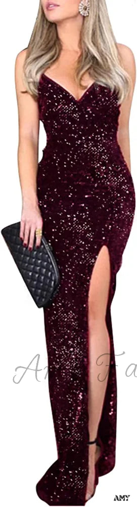 Amy Fashion - Sexy V Neck Bodycon Sequin Gown Christmas Evening Dress A-Wine Red / 2