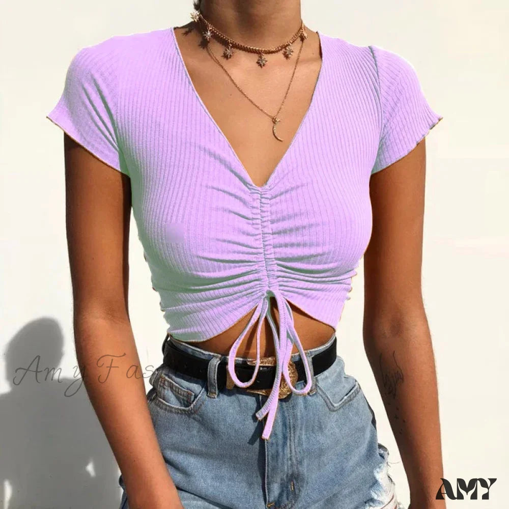 Amy Fashion - Sexy V Neck Drawstring Tie Up Front Camis Crop Top