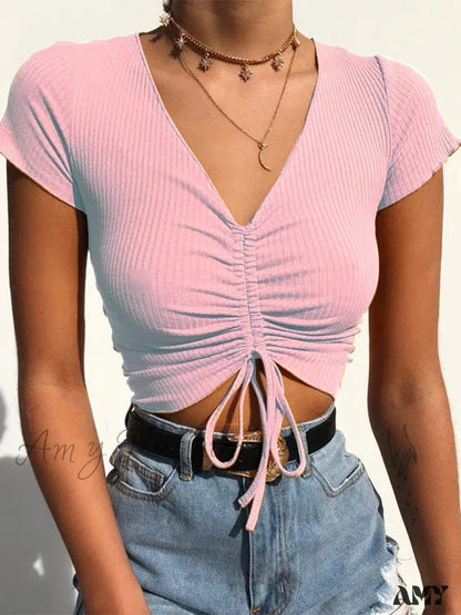 Amy Fashion - Sexy V Neck Drawstring Tie Up Front Camis Crop Top Pink / S