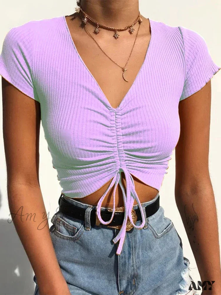 Amy Fashion - Sexy V Neck Drawstring Tie Up Front Camis Crop Top Purple / S