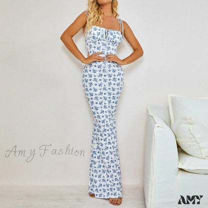 Amy Fashion - Sexy V-Neck Long Maxi Dress Whiteprint / S