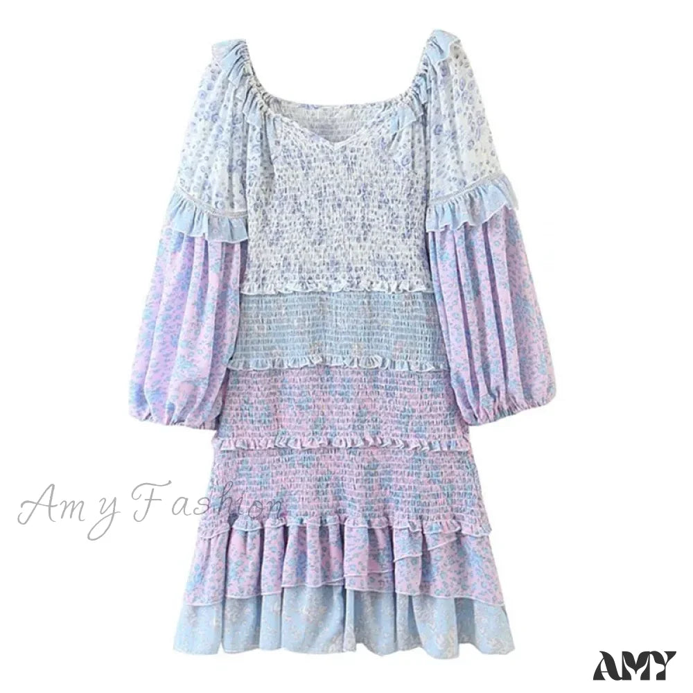 Amy Fashion - Sexy V-Neck Ruffle Floral Lantern Sleeve Boho Dress