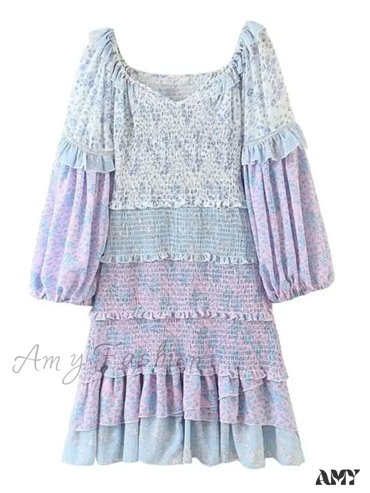 Amy Fashion - Sexy V-Neck Ruffle Floral Lantern Sleeve Boho Dress Lavender / S