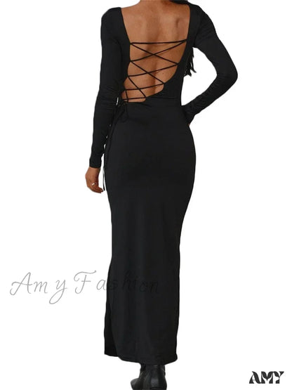 Amy Fashion - Sexy Women Backless Hollow Out Criss-Cross Tie-Up Sleeve Black Solid Slim Fit Party