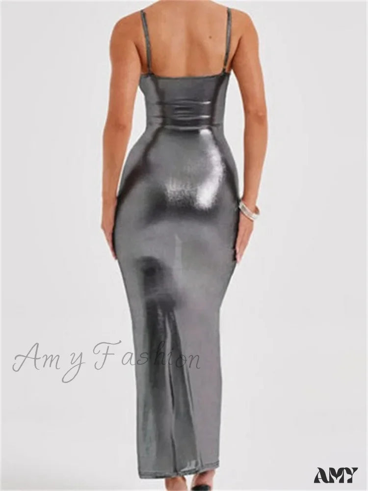 Amy Fashion - Sexy Women Bodycon Solid Metallic Sleeveless Strap Summer Backless Party Female