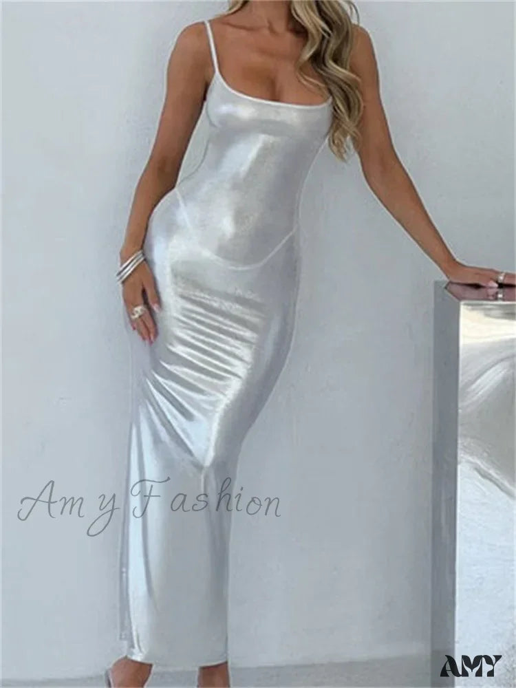 Amy Fashion - Sexy Women Bodycon Solid Metallic Sleeveless Strap Summer Backless Party Female