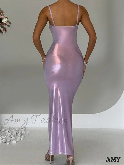 Amy Fashion - Sexy Women Bodycon Solid Metallic Sleeveless Strap Summer Backless Party Female