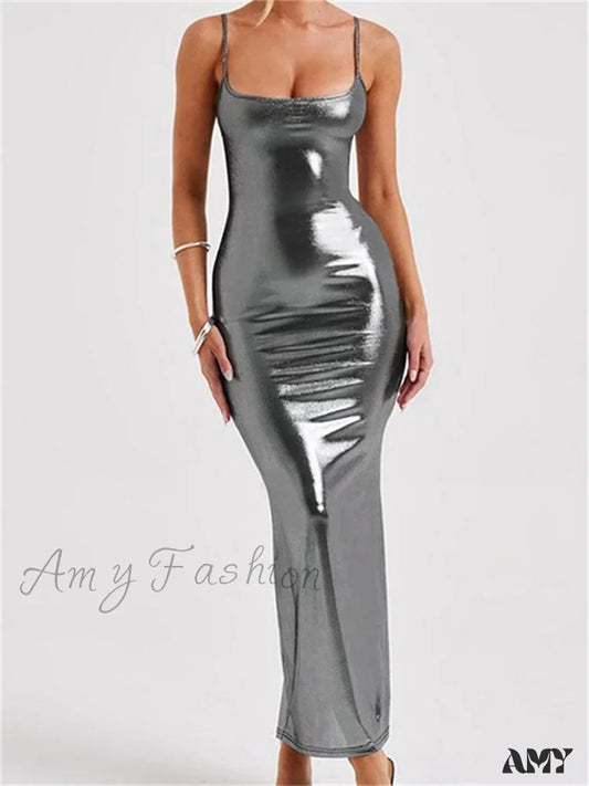 Amy Fashion - Sexy Women Bodycon Solid Metallic Sleeveless Strap Summer Backless Party Female