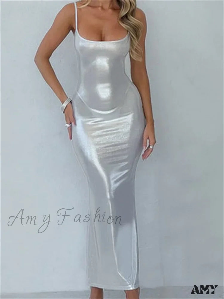 Amy Fashion - Sexy Women Bodycon Solid Metallic Sleeveless Strap Summer Backless Party Female