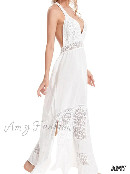 Amy Fashion - Sexy Women Bohemian Sleeveless Backless Halter Lace Patchwork Summer Beach Vacation