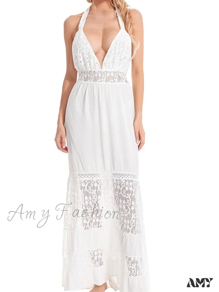 Amy Fashion - Sexy Women Bohemian Sleeveless Backless Halter Lace Patchwork Summer Beach Vacation