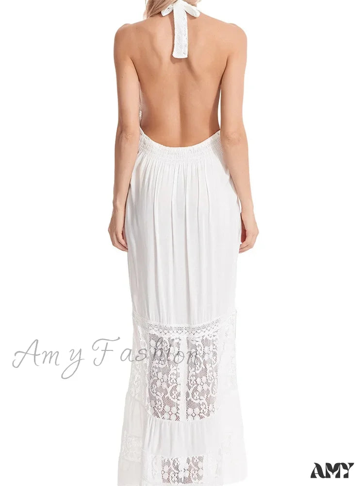 Amy Fashion - Sexy Women Bohemian Sleeveless Backless Halter Lace Patchwork Summer Beach Vacation