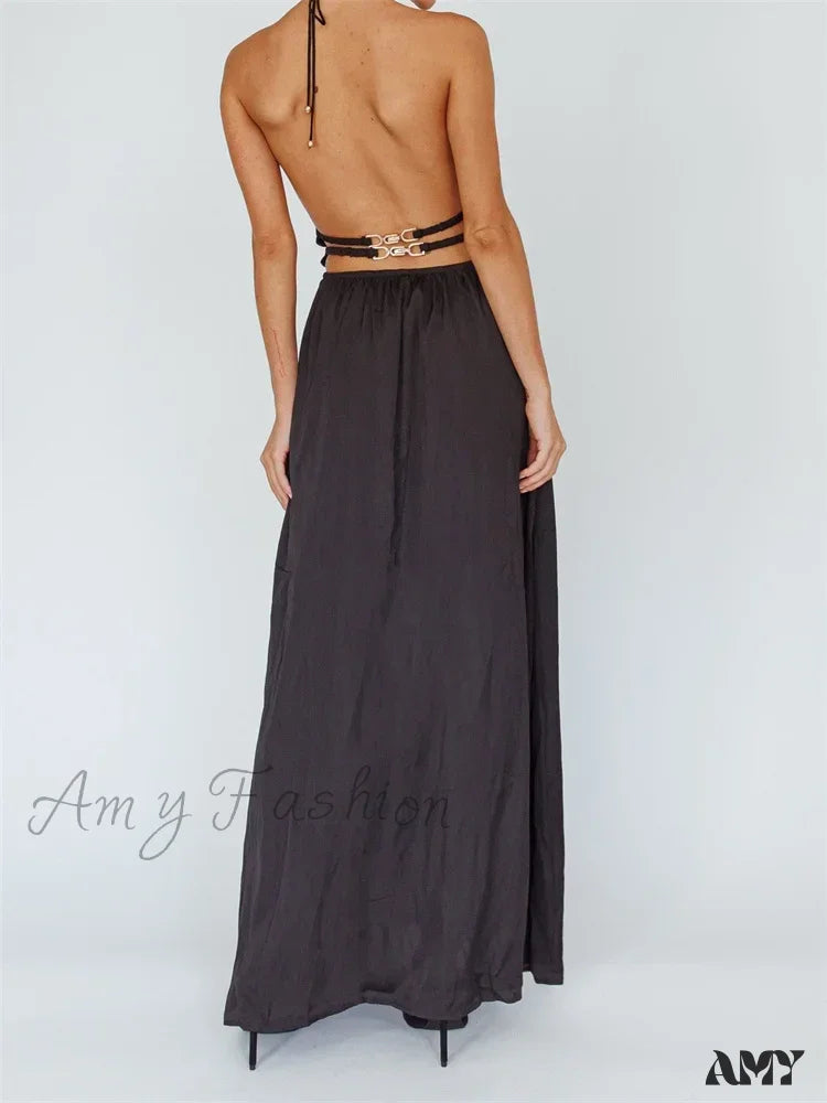 Amy Fashion - Sexy Women Halter Tie-Up Sleeveless Backless Solid Color Cocktail Formal Party Ruched