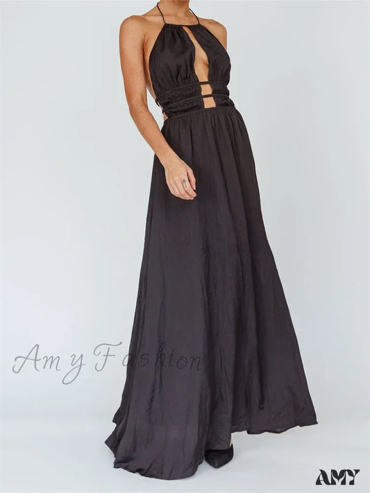 Amy Fashion - Sexy Women Halter Tie-Up Sleeveless Backless Solid Color Cocktail Formal Party Ruched