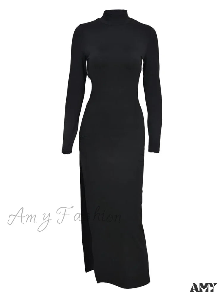 Amy Fashion - Sexy Women High Split Sleeve Neck Solid Evening Side Cutout Bodycon Female Vestidos