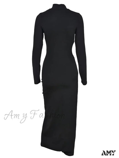 Amy Fashion - Sexy Women High Split Sleeve Neck Solid Evening Side Cutout Bodycon Female Vestidos