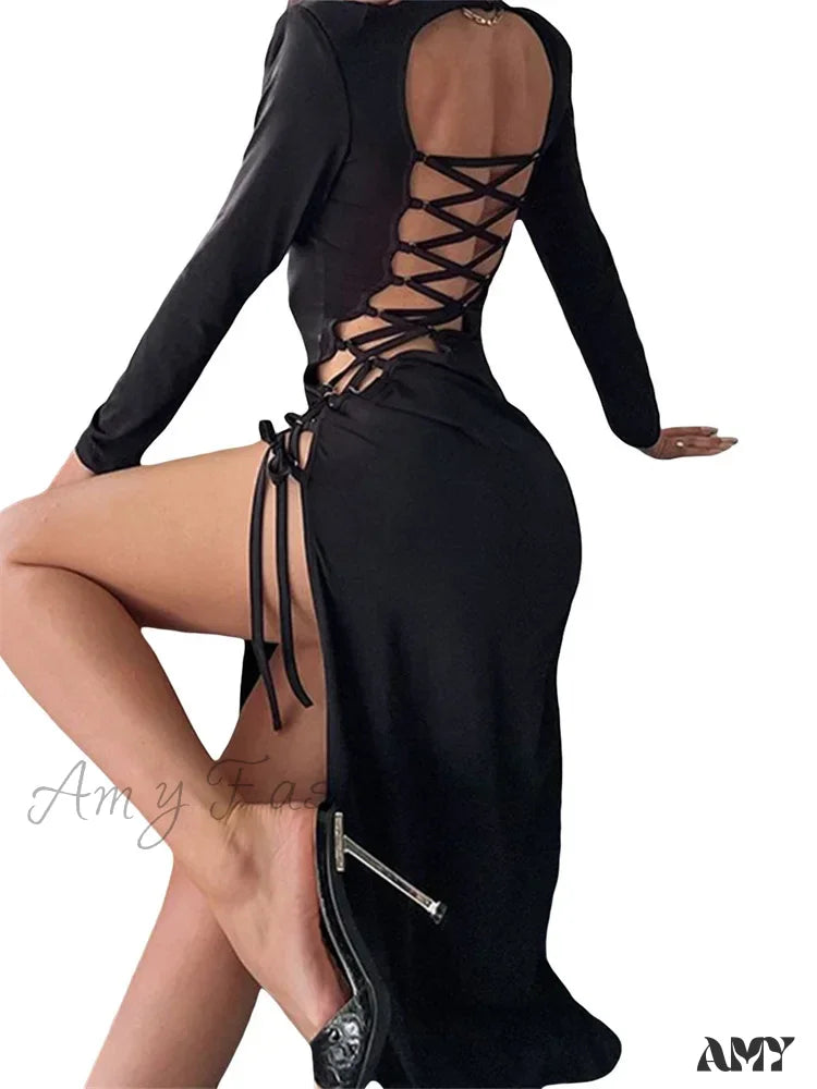 Amy Fashion - Sexy Women Hollow Out Backless Summer Sleeve High Split Tie Up Round Neck Party