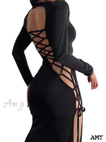 Amy Fashion - Sexy Women Hollow Out Backless Summer Sleeve High Split Tie Up Round Neck Party