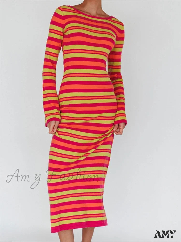 Amy Fashion - Sexy Women Knitted Sleeve Crew Neck Backless Tie-Up Striped Print Slim Fit Spring