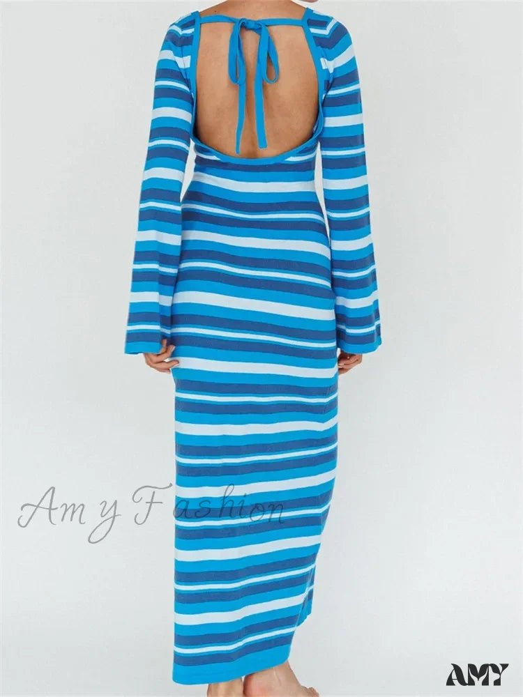 Amy Fashion - Sexy Women Knitted Sleeve Crew Neck Backless Tie-Up Striped Print Slim Fit Spring