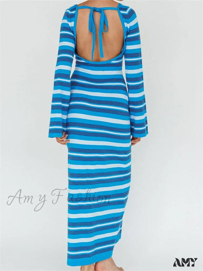 Amy Fashion - Sexy Women Knitted Sleeve Crew Neck Backless Tie-Up Striped Print Slim Fit Spring