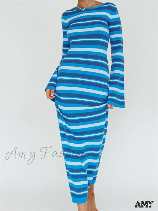 Amy Fashion - Sexy Women Knitted Sleeve Crew Neck Backless Tie-Up Striped Print Slim Fit Spring