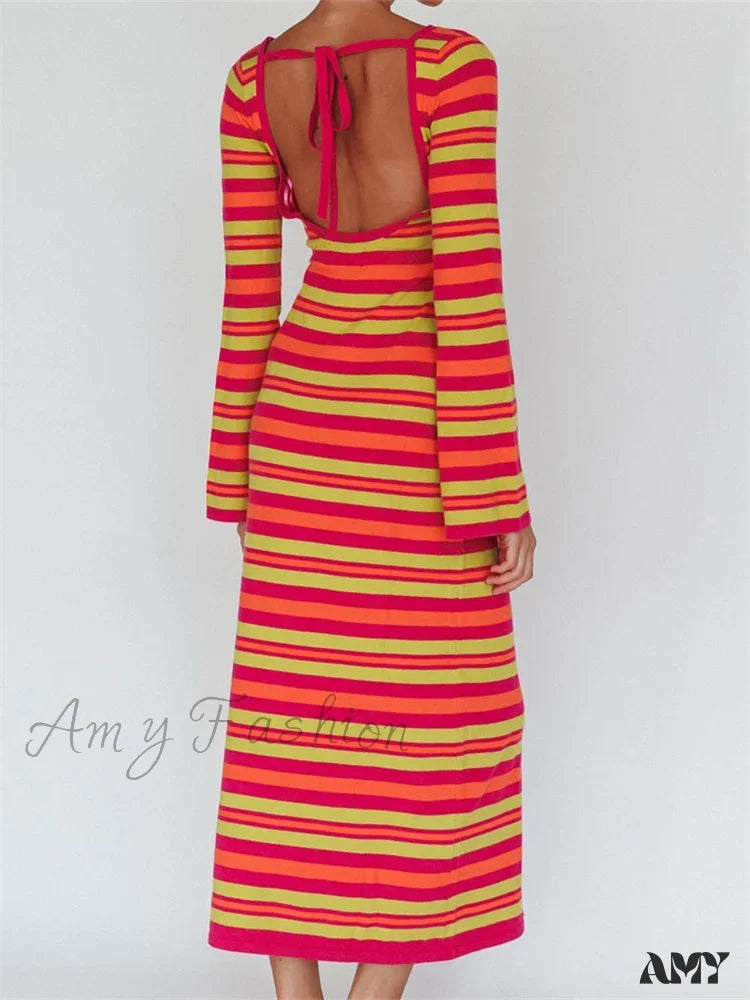 Amy Fashion - Sexy Women Knitted Sleeve Crew Neck Backless Tie-Up Striped Print Slim Fit Spring