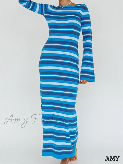 Amy Fashion - Sexy Women Knitted Sleeve Crew Neck Backless Tie-Up Striped Print Slim Fit Spring