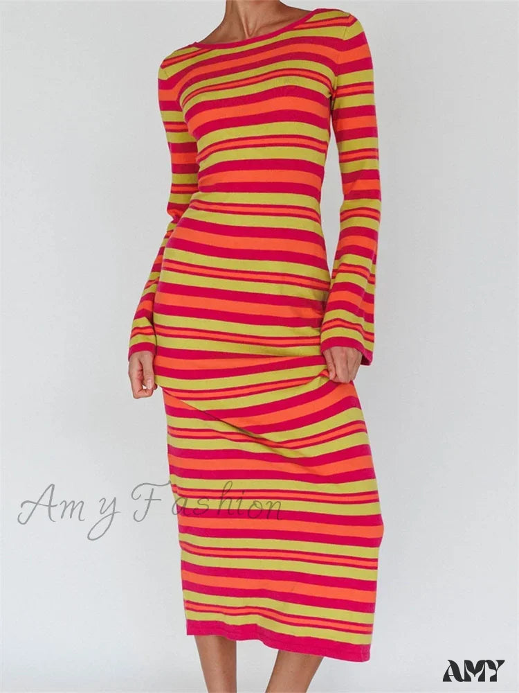 Amy Fashion - Sexy Women Knitted Sleeve Crew Neck Backless Tie-Up Striped Print Slim Fit Spring