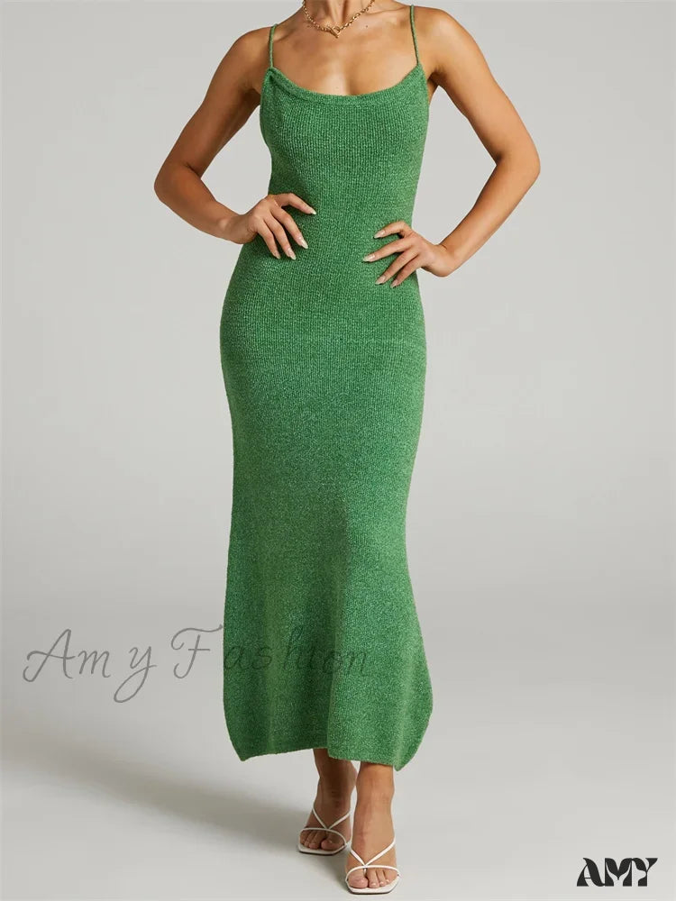 Amy Fashion - Sexy Women Knitted Summer Solid Color Sleeveless Spaghetti Strap Low Cut O-Neck