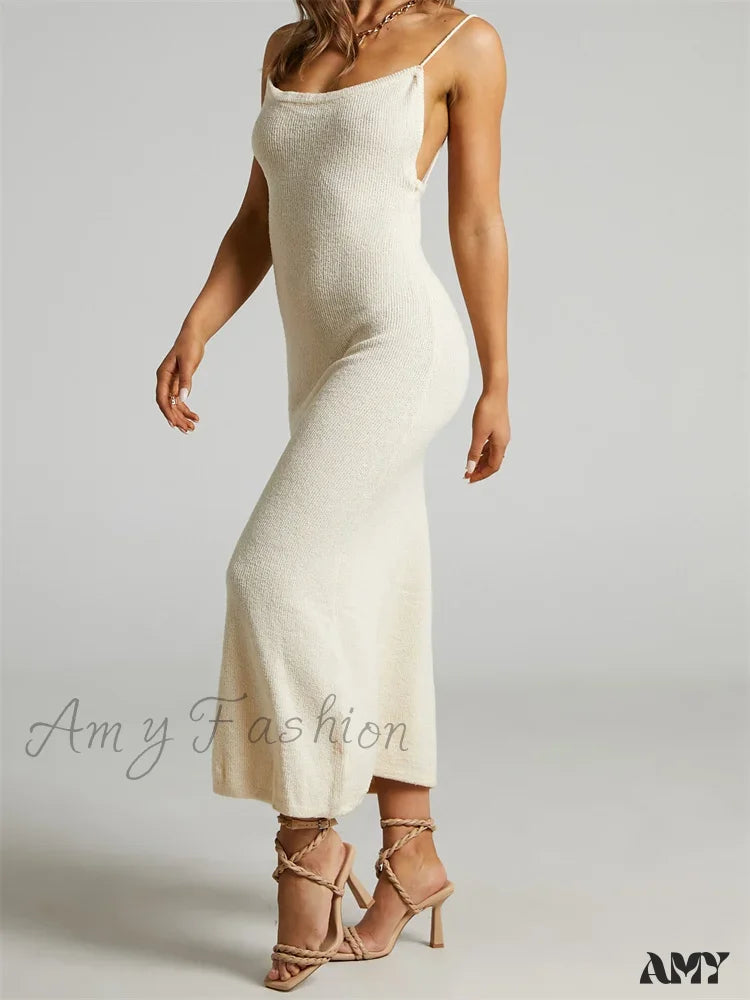 Amy Fashion - Sexy Women Knitted Summer Solid Color Sleeveless Spaghetti Strap Low Cut O-Neck