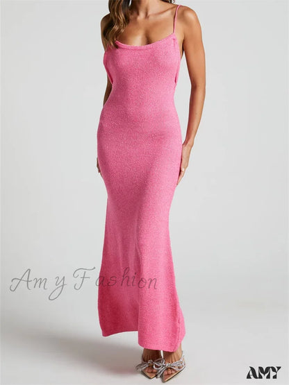 Amy Fashion - Sexy Women Knitted Summer Solid Color Sleeveless Spaghetti Strap Low Cut O-Neck