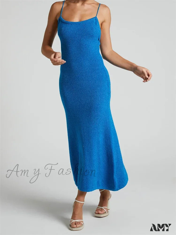 Amy Fashion - Sexy Women Knitted Summer Solid Color Sleeveless Spaghetti Strap Low Cut O-Neck